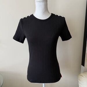 Elie Tahari Black Ribbed Short Sleeve Top w Crystal Detail size Large NWT